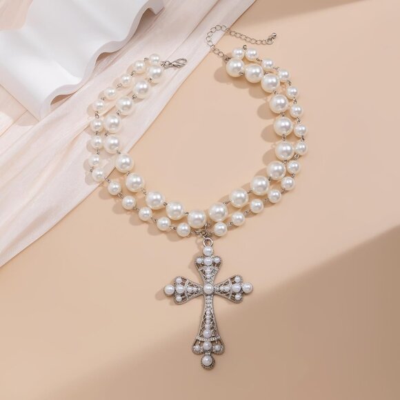 Punk Layered Cross Pendant Necklace with Faux Pearls - Chic Gothic Accessory - Picture 5 of 6